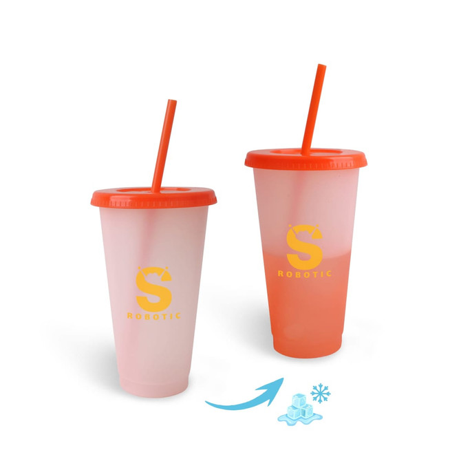 A drink cup set with orange lids and straws, displaying a colour changing effect from light to dark pink. Includes a logo.