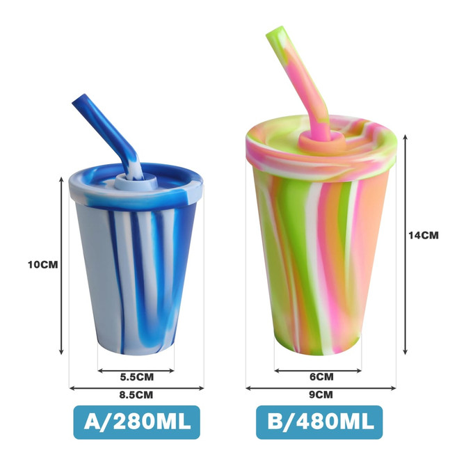 A drink bottle featuring a blue marbled design and a pink, green, and yellow striped design. Both have straws.