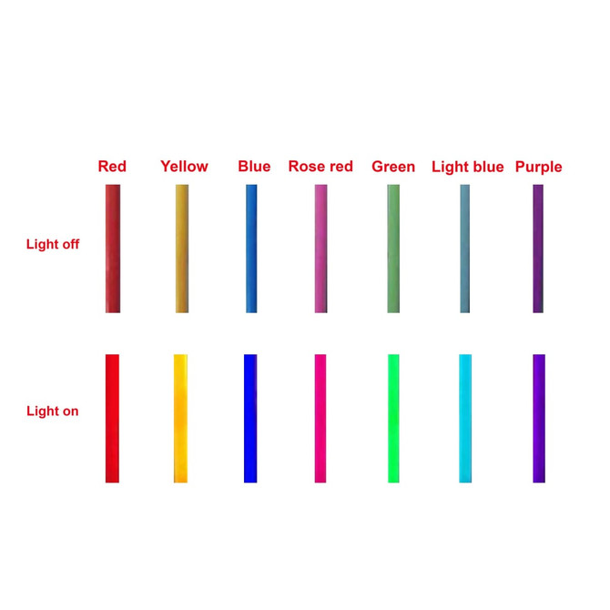 A collection of vibrant neon colours displayed with lights off and on, including red, yellow, blue, green, and purple.