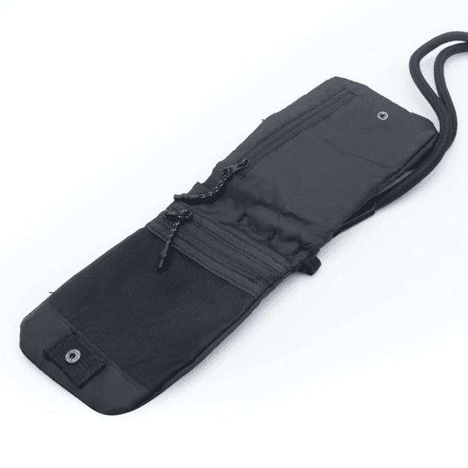 A black ripstop water-resistant pouch with zippers and a strap, featuring a logo.
