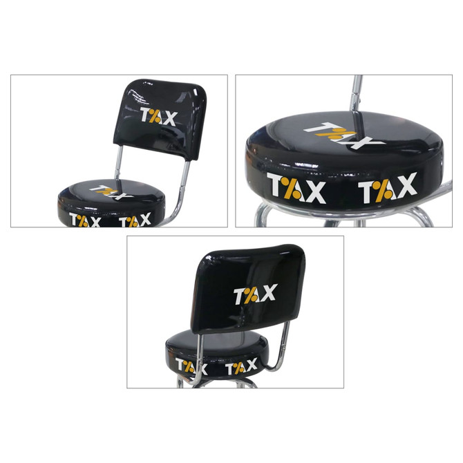A black bar stool with a backrest and cushioned seat, featuring a logo on the seat and back.