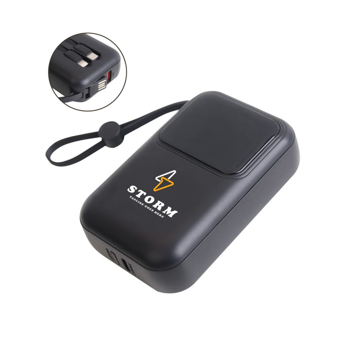 A black 10000mAh eco portable fast charging power bank with a logo and a wrist strap.