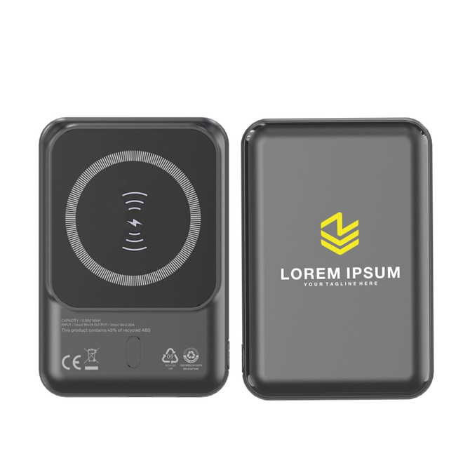 A sleek black eco magnetic power bank with wireless charging feature and a logo on the surface.