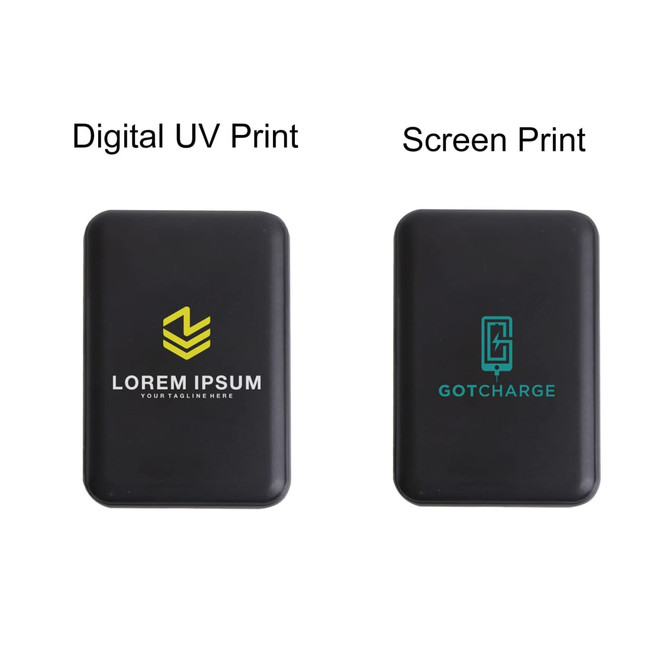 A black 5000mAh eco magnetic power bank with two printed designs on the front.