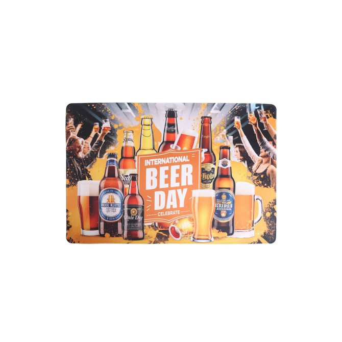 A colourful rubber counter mat featuring various beer bottles and glasses, with a celebration theme.