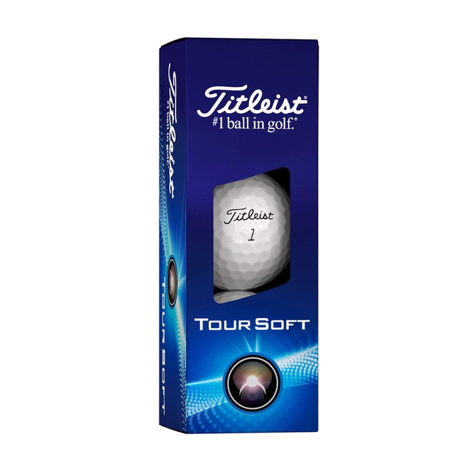 A box of Titleist Tour Soft golf balls featuring a white ball inside. The packaging has a blue design with a logo.