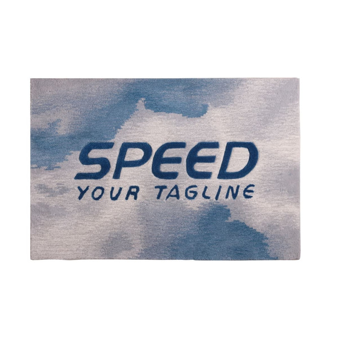 Acrylic fibre logo mat in shades of blue and grey, featuring a logo and text design.