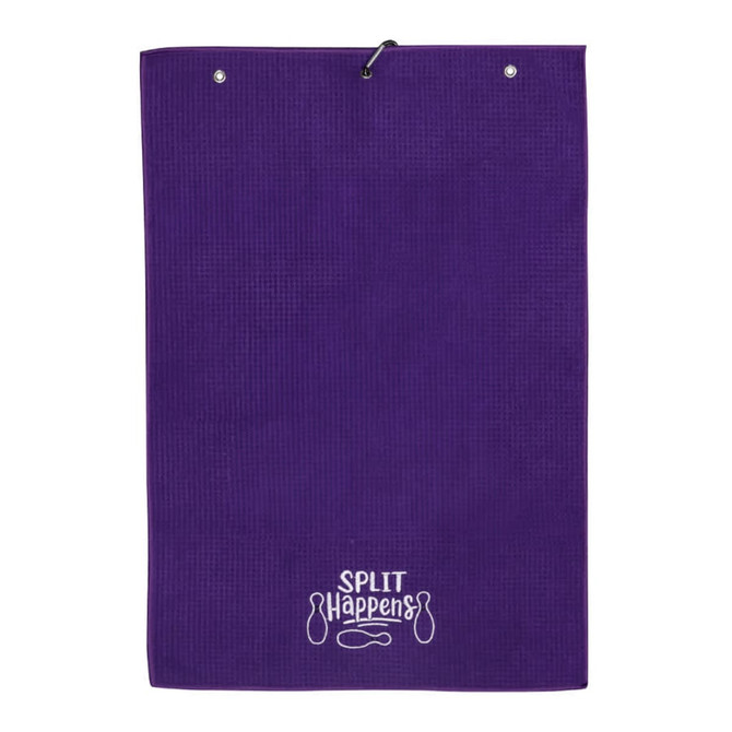 A purple golf towel with a textured surface and an attached loop for hanging, featuring a logo.