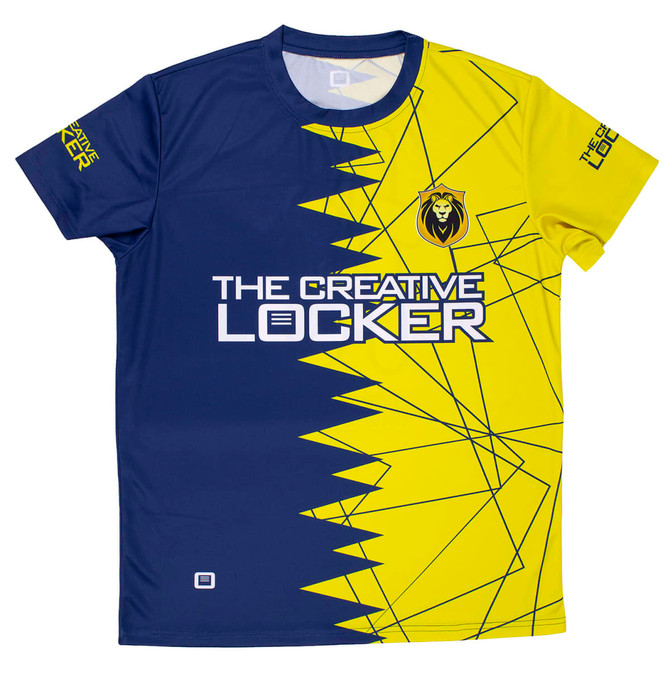 A unisex crew neck sports t-shirt featuring a blue and yellow geometric design, with a logo on one sleeve.