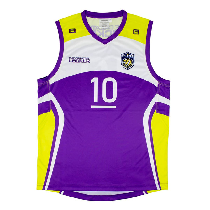 A unisex sports tank in purple and yellow, featuring a logo and the number 10 on the front.