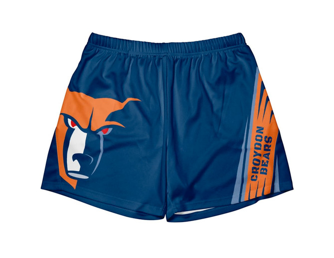 Unisex sports shorts in blue featuring an orange and grey graphic design and branding element.