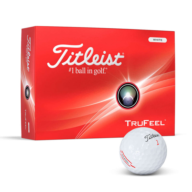 A box of Titleist TruFeel golf balls in white, featuring a logo and a glossy finish.