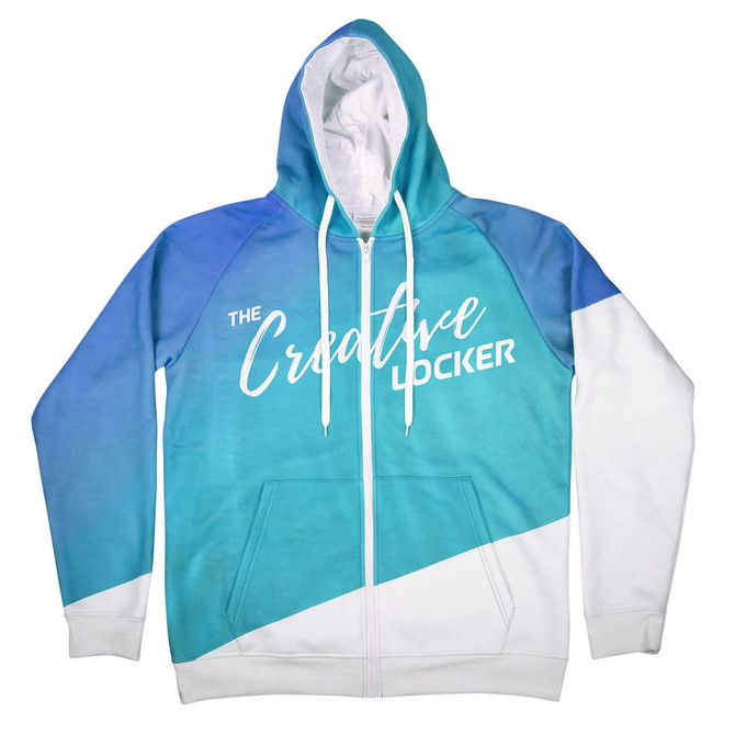 A hoodie zip in blue gradient with a white lower section and a front logo. Features a drawstring hood.