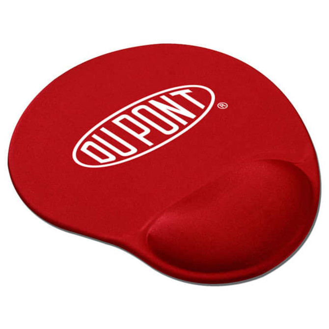 A red gel wrist mouse mat featuring a logo on the surface and a cushioned wrist support.
