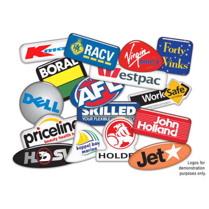 A collection of various dome stickers in different colours, featuring several logos and brands on a white background.