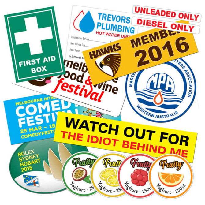 A collection of vinyl stickers in various colours, featuring logos and designs for events and products.