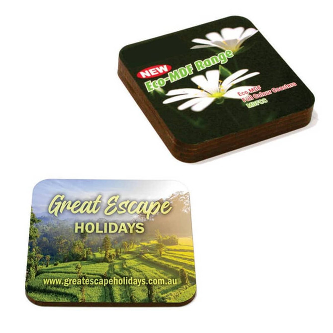 Eco MDF full colour coasters featuring floral and landscape designs, with a dark background and a logo.