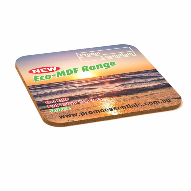 An Eco MDF coaster featuring a full-colour beach scene with sunset hues and a logo.