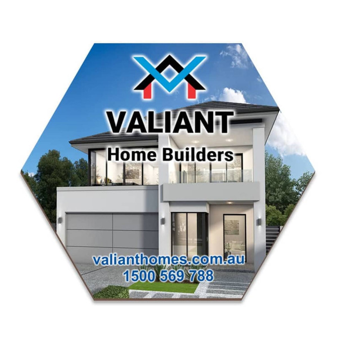A hexagonal coaster featuring a modern home design, with a logo and contact details prominently displayed.