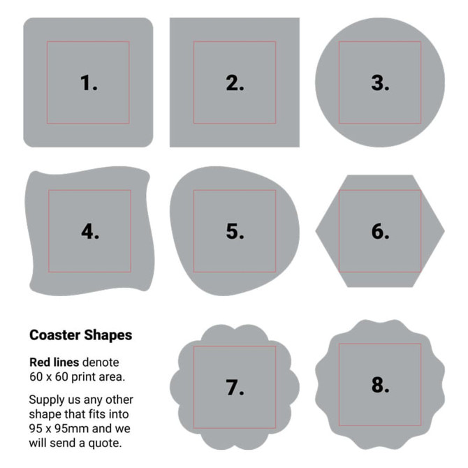 Eight coasters in various shapes, including square, rounded, and scalloped, all displayed in grey with red outline indicators.
