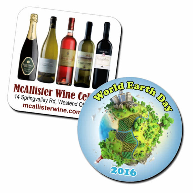 Two coasters displayed together: one features a selection of wine bottles, and the other showcases a colourful Earth Day design.