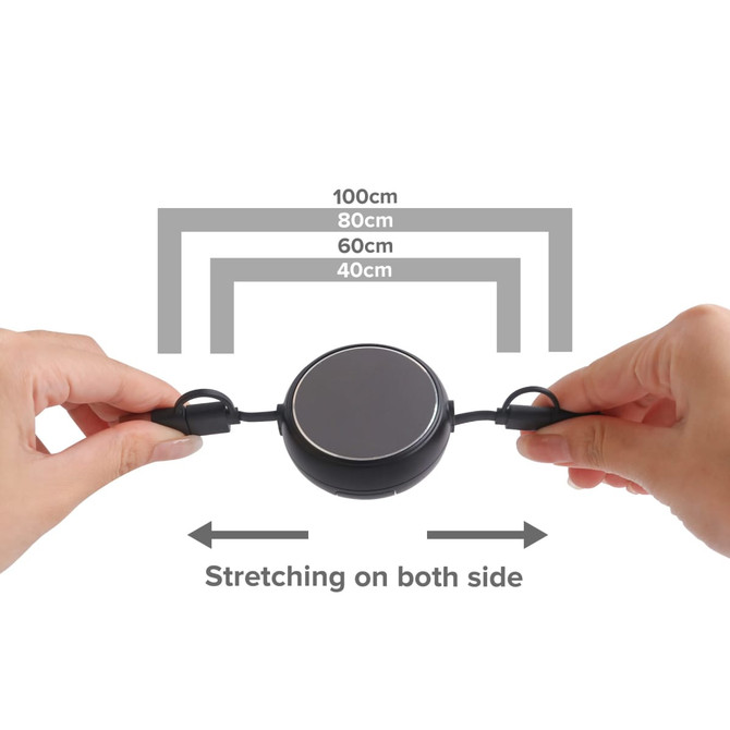 A retractable portable charging cable in black, with hands stretching it from both sides. Features a logo on the casing.