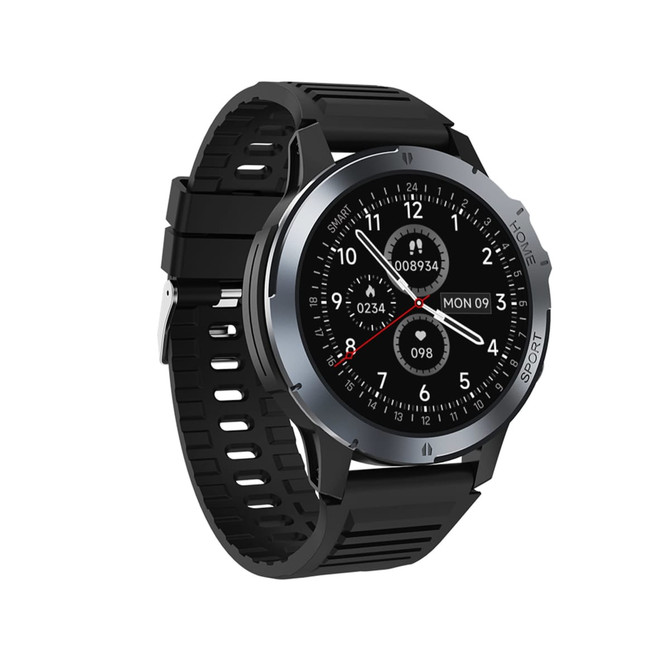 A round smart watch with a black strap and silver casing, featuring a digital display with various watch faces.