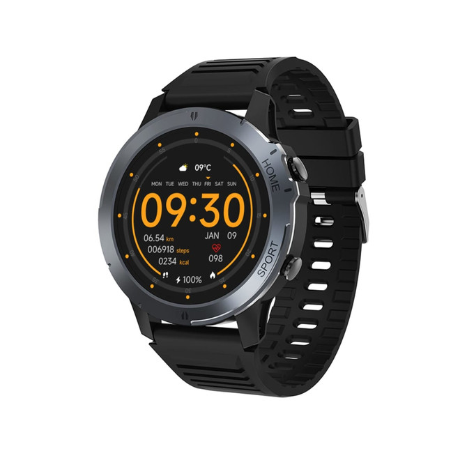 A round smartwatch in black with a digital display featuring several stats and icons. It has a sporty black strap and a logo.