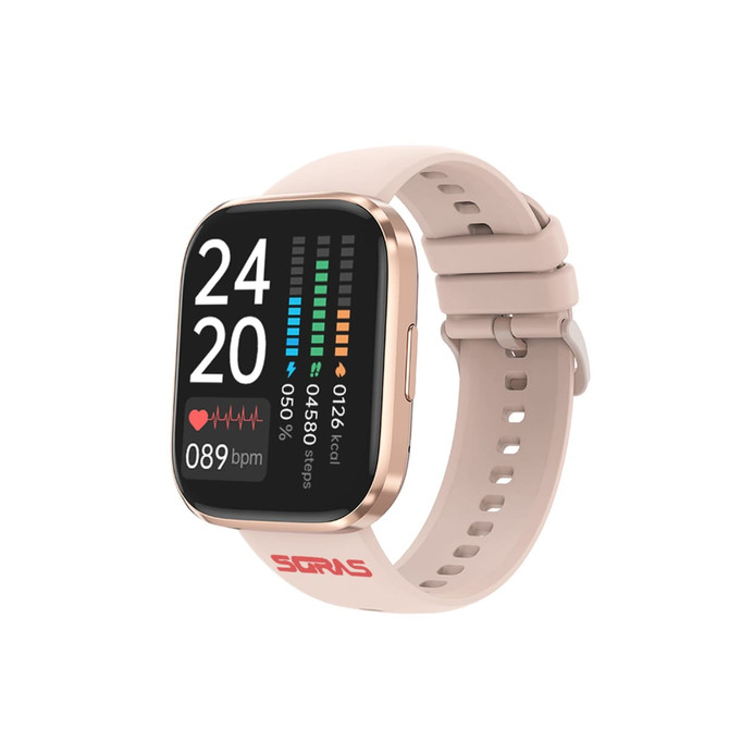 A square smart watch in light beige with a gold frame, displaying fitness stats on a vibrant screen.