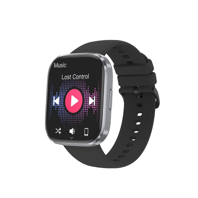 A square smart watch with a black strap displaying a music interface on the screen. It features a logo.