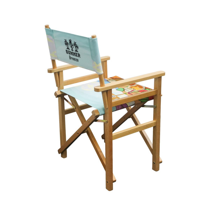 A wooden director's chair featuring a light blue seat with a design and a branded backrest.