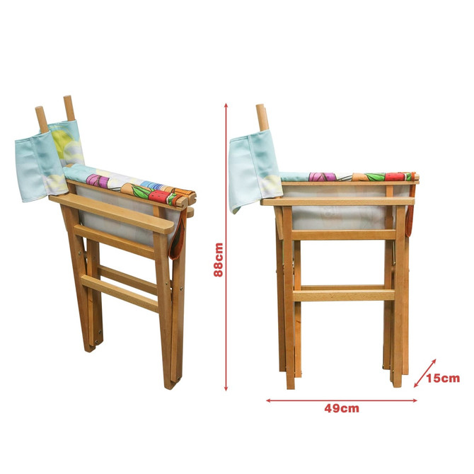 A wooden director's chair with a floral fabric seat, featuring a light blue backrest and a foldable design.