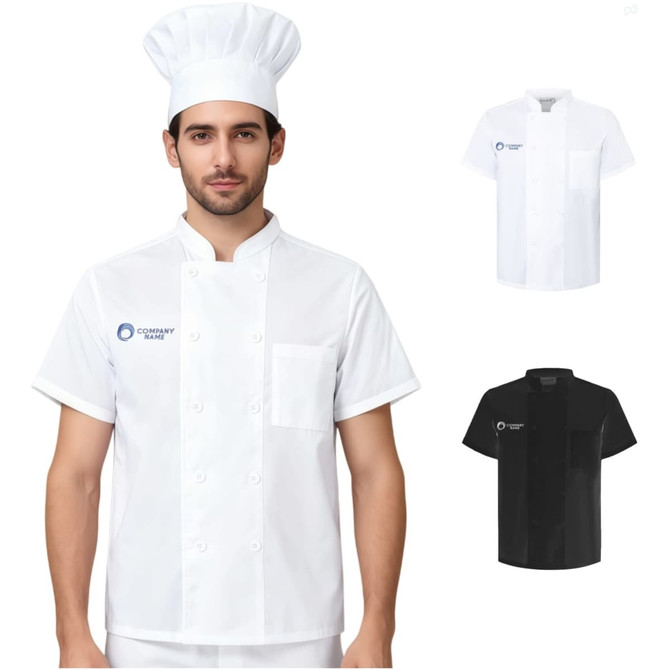 A chef wearing a white double-breasted jacket and hat, with black and white jacket options displayed beside him.