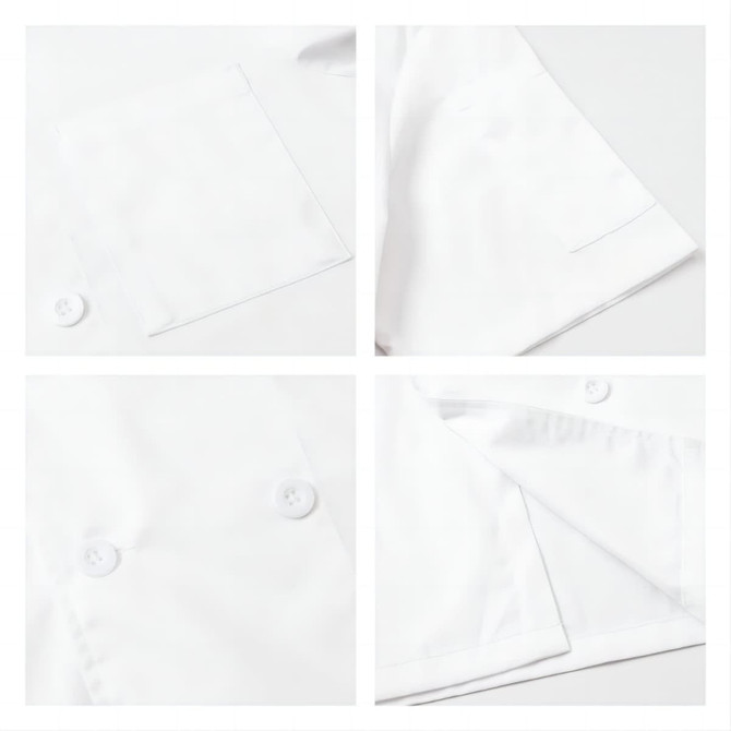 A white double-breasted chef jacket featuring short sleeves, buttons, and a pocket. The fabric appears smooth and crisp.
