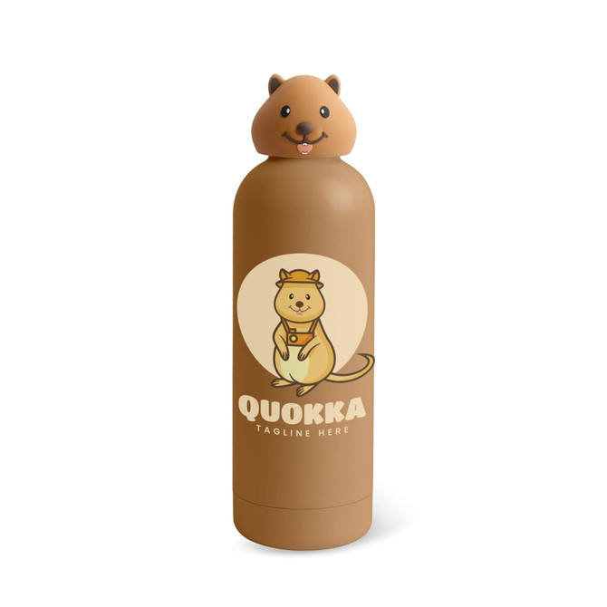 A drink bottle with a brown finish featuring a cute animal head and a cartoon design of a quokka on the body.