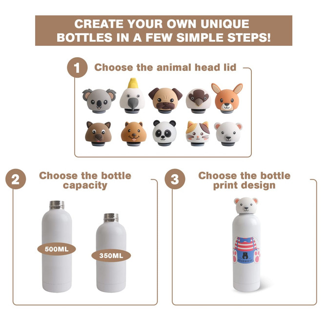 A drink bottle collection featuring various animal head lids, available in two sizes, 500ml and 350ml, with a logo.