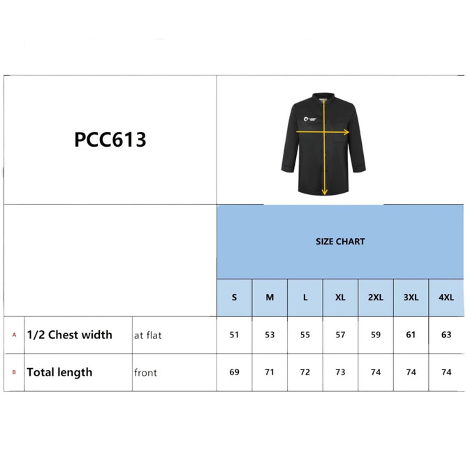 A size chart for a black Classic 3/4 Sleeves Single Breasted Chef Jacket, featuring measurements for different sizes.