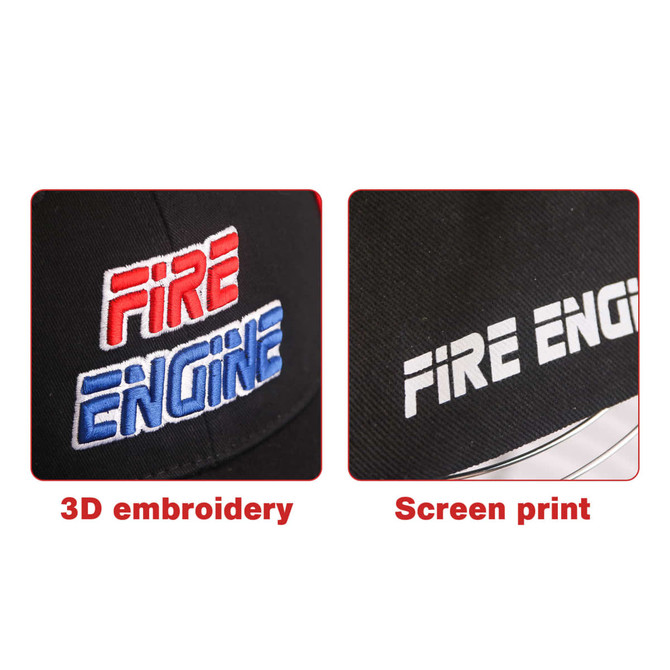 A black cap featuring 3D embroidery and screen print designs in red, blue, and white. It has a logo.