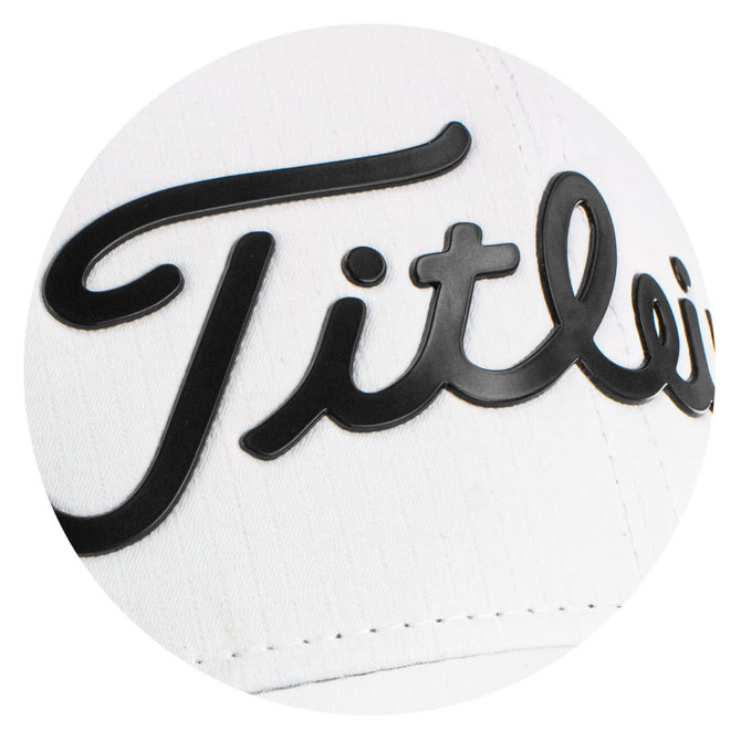 A white cap with a black logo, featuring a sleek design suitable for golf enthusiasts.