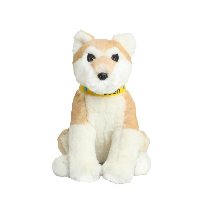 A beige and white plush toy resembling a dingo, featuring a collar and a friendly expression.