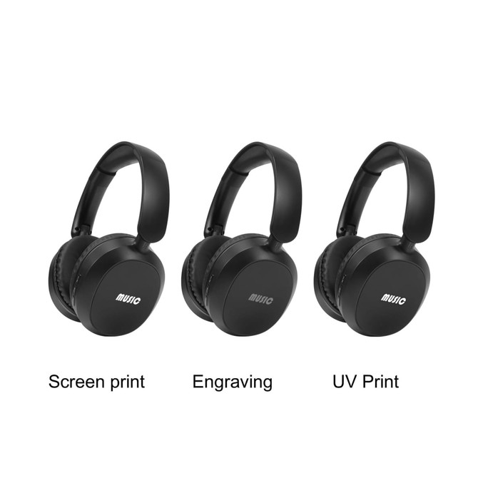 A pair of black ANC Bluetooth headphones displayed in three styles: screen print, engraving, and UV print.