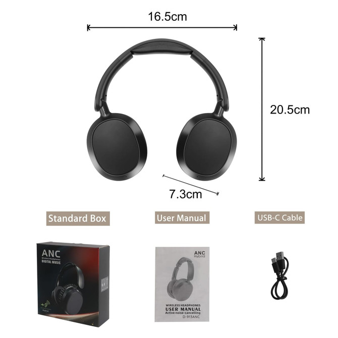 A pair of black ANC Bluetooth headphones with a sleek design, accompanied by a standard box, user manual, and USB-C cable.