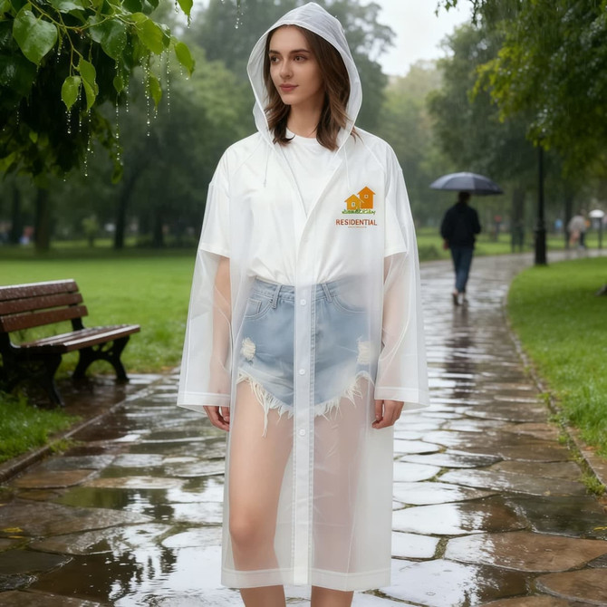 A clear, reusable adult raincoat with a hood, worn by a person in a park during rain, featuring a logo.