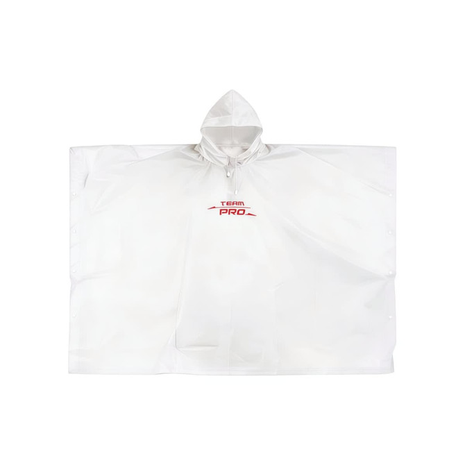 A transparent white reusable PEVA rain poncho featuring a hood and a logo on the front.