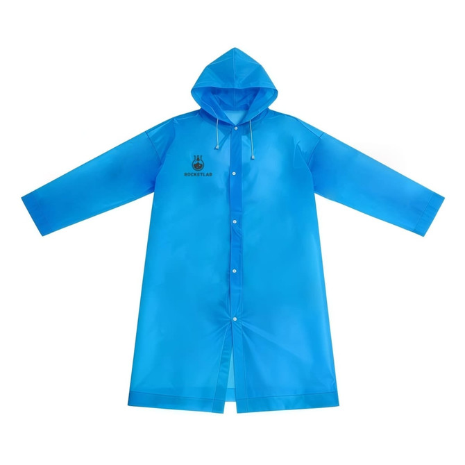 A blue reusable PEVA raincoat with a hood and long sleeves, featuring a branded logo on the front.