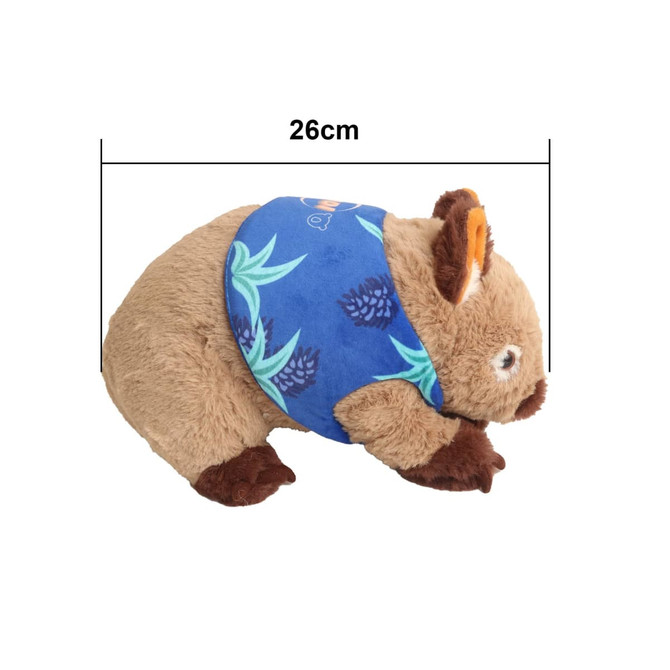 A brown wombat plush toy with a blue patterned scarf, measuring 26cm in length. Features a logo on the scarf.