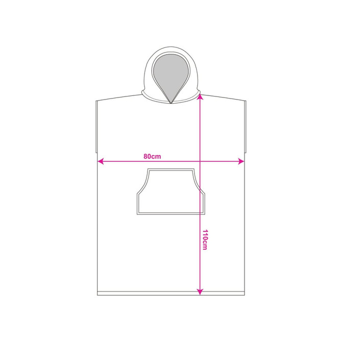 A hooded poncho towel in a minimalist design, featuring a front pocket, dimensions marked in pink for size reference.