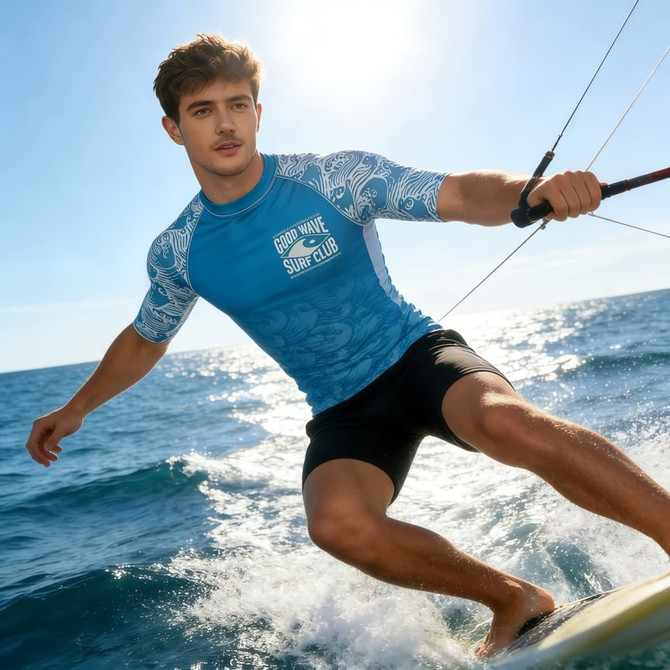 A young man surfing in a blue short-sleeved rashie with a wave pattern and logo, against a sunny ocean backdrop.