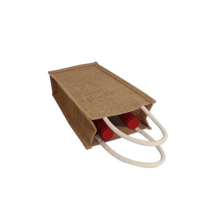 A jute double wine carrier in natural brown with two red bottle tops visible and a white rope handle.