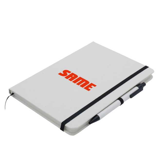 A white A5 notebook featuring an elastic band and a black pen attached. The notebook has a logo on the cover.